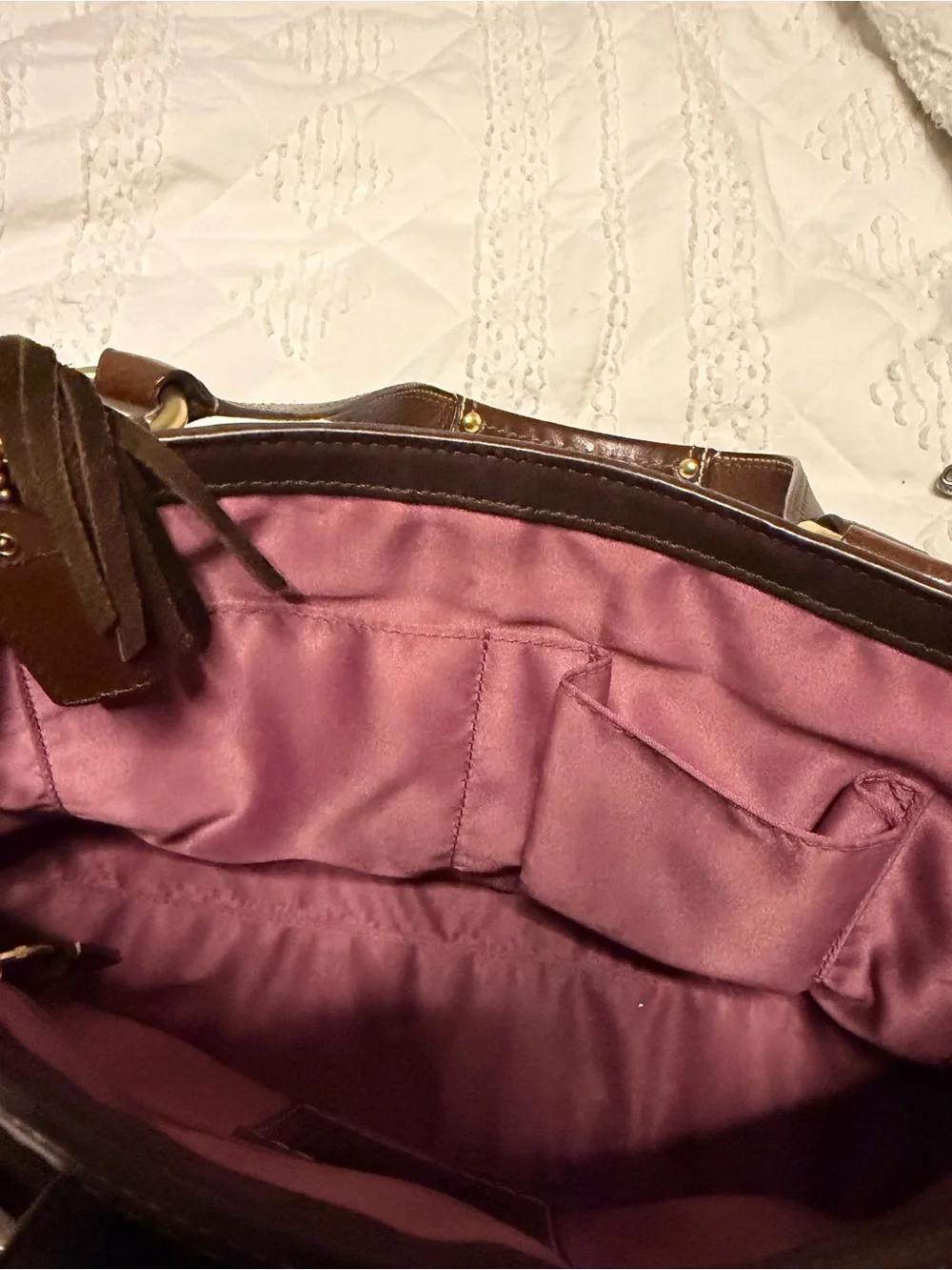 Brown leather vintage coach hampton bag with pink interior